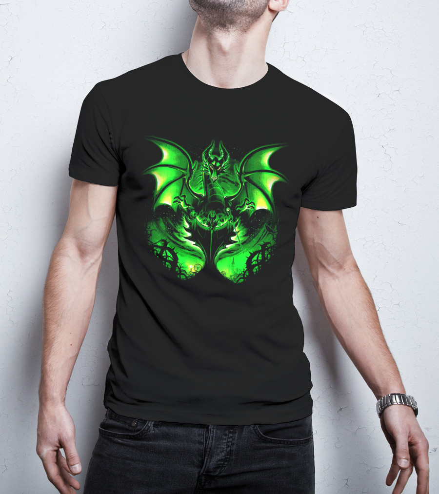Maleficent 2 Dark Green Dragon Art Fantastical Scene Ravens Winding Thorns T-Shirt