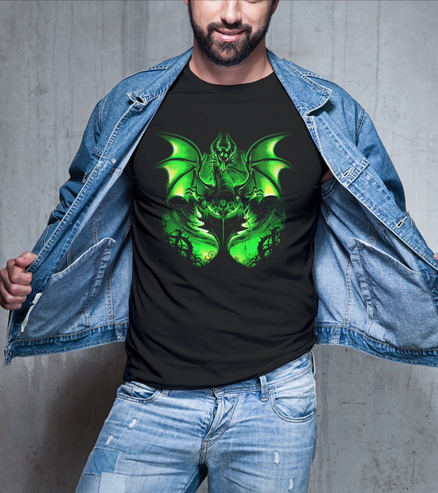 Maleficent 2 Dark Green Dragon Art Fantastical Scene Ravens Winding Thorns T-Shirt