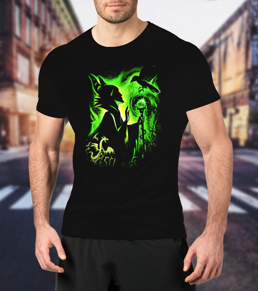 Maleficent 3 Dragon Silhouette And Green Magic Staff Scene T-Shirt