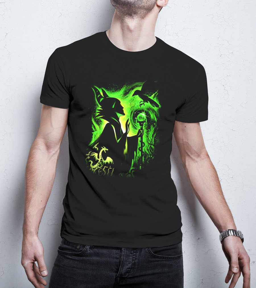 Maleficent 3 Dragon Silhouette And Green Magic Staff Scene T-Shirt