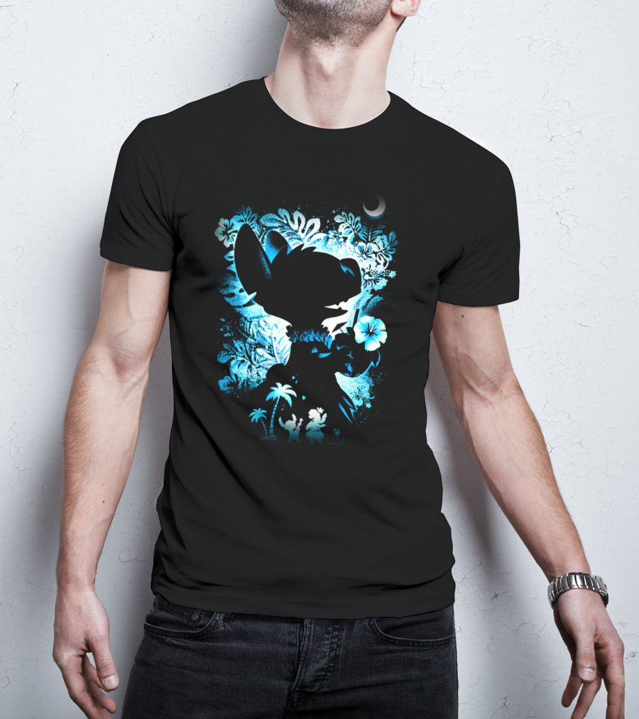 Stitch 2 Midnight Jungle Adventure With Tropical Florals And Crescent Moon T-Shirt