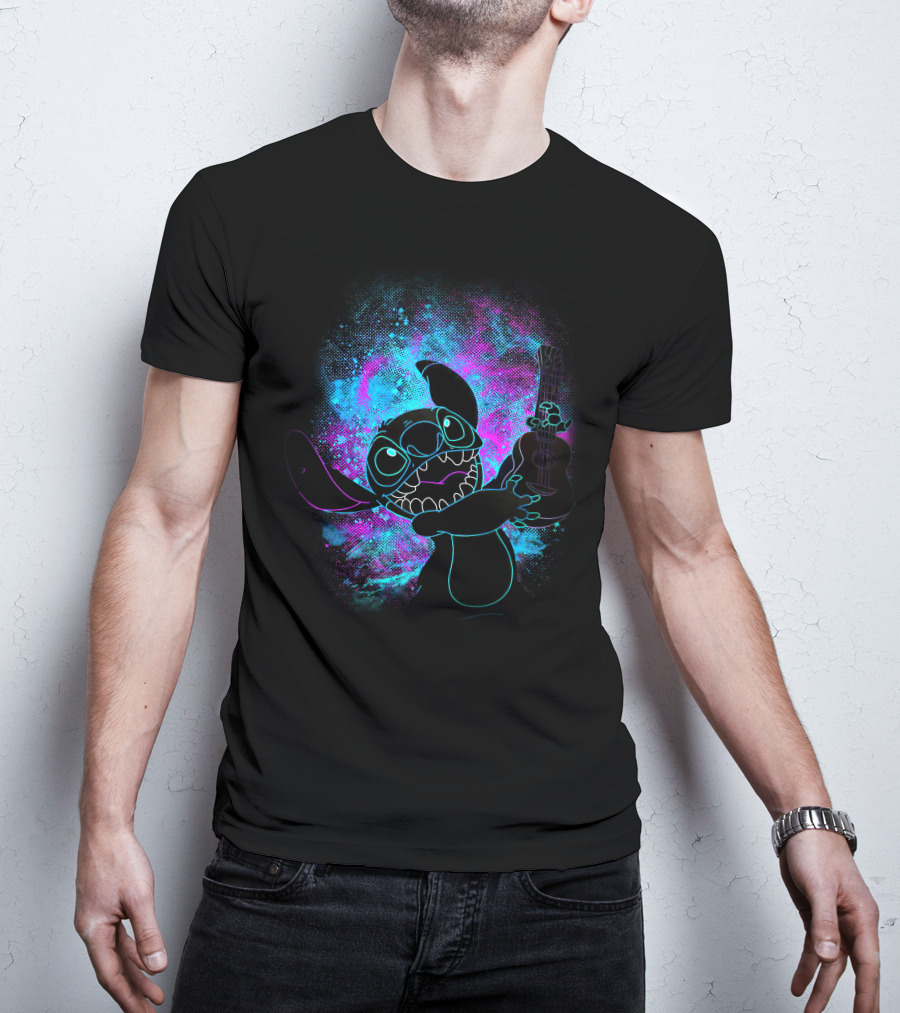 Stitch Neon Glow Playing Guitar Art T-Shirt