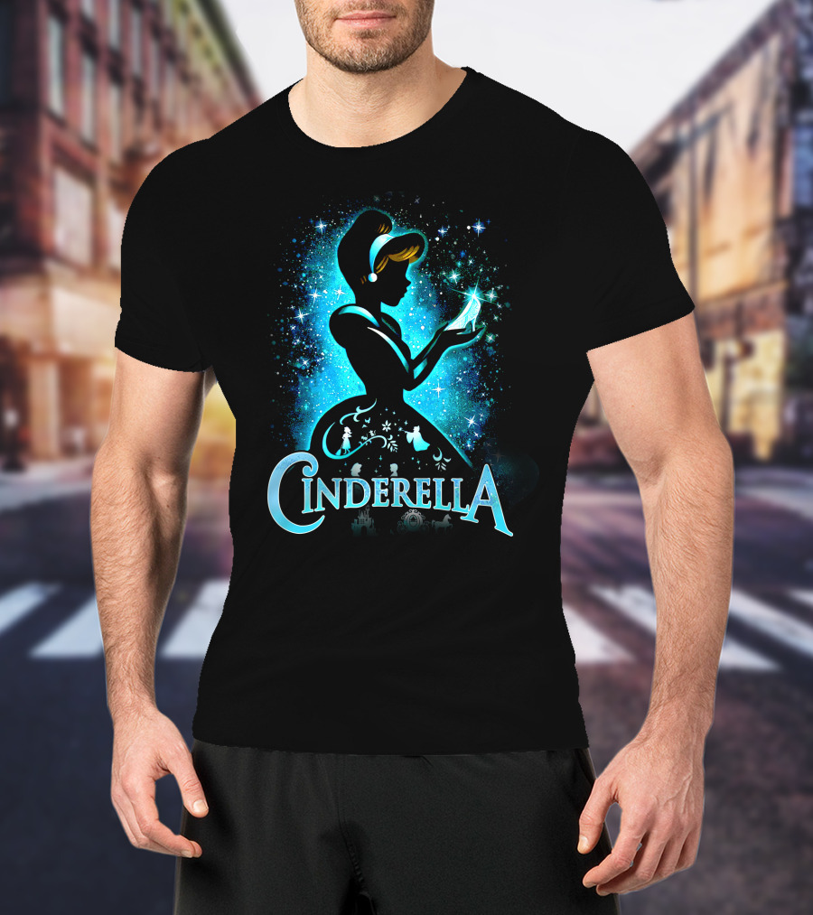 Cinderella Silhouette Holding Glass Slipper With Enchanted Blue Starry T-Shirt