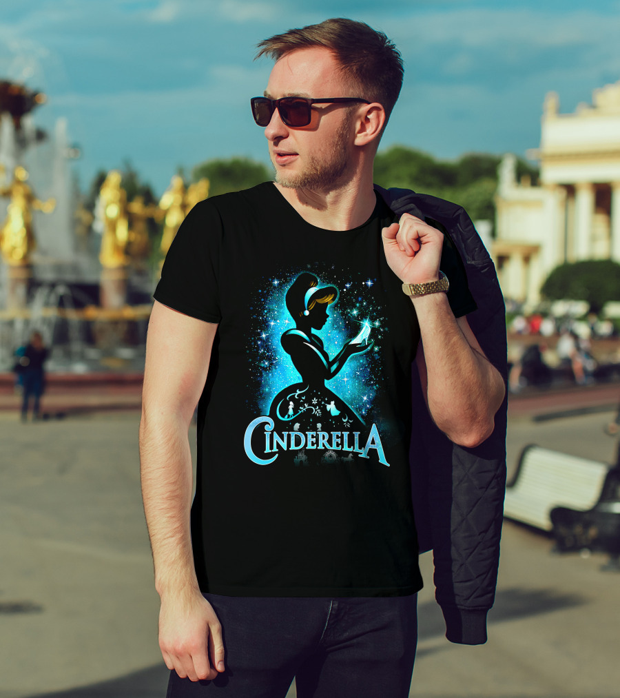 Cinderella Silhouette Holding Glass Slipper With Enchanted Blue Starry T-Shirt