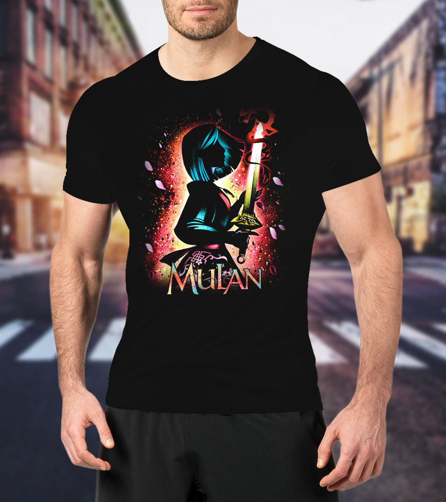 Mulan Sword Silhouette With Blossoms And Colorful T-Shirt