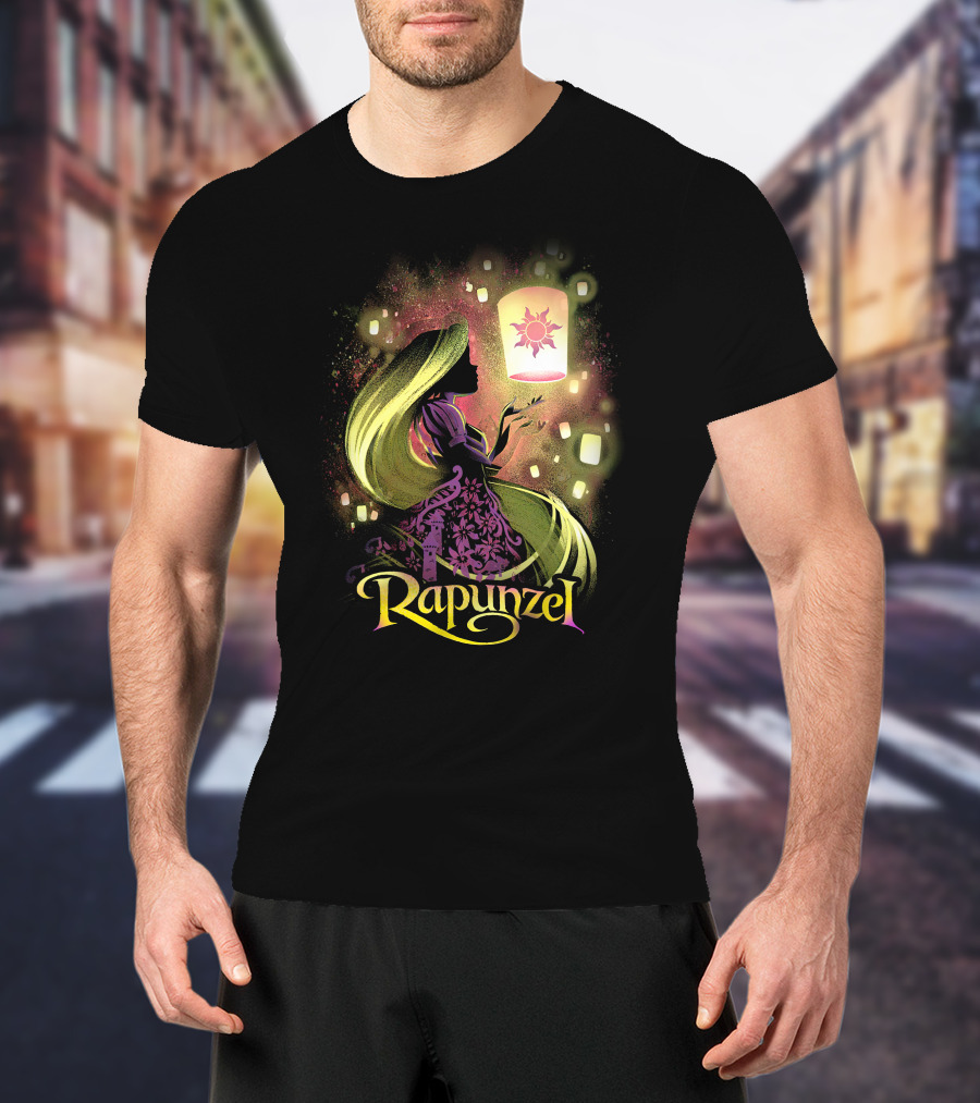 Rapunzel Lantern Silhouette With Glowing Hair And Floating Lights T-Shirt