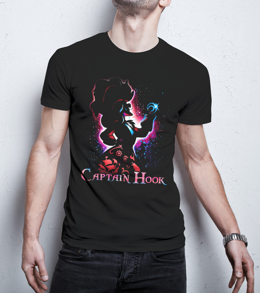 Captain Hook Silhouette With Pirate Ship And Nautical T-Shirt