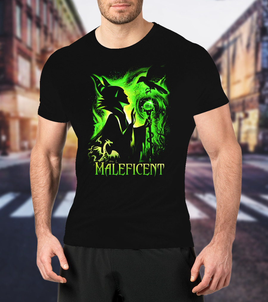 Maleficent Green Silhouette With Dragon Raven And Staff T-Shirt