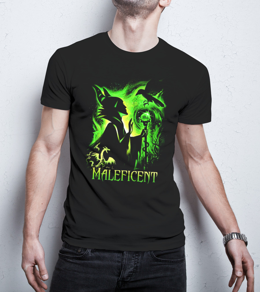 Maleficent Green Silhouette With Dragon Raven And Staff T-Shirt