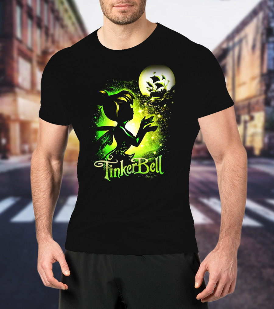 Tinker Bell Silhouette With Ship And Crescent Moon Magic Glow T-Shirt