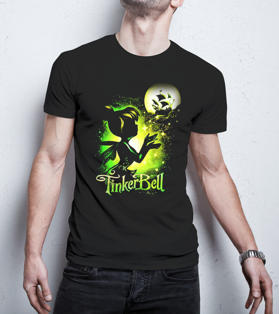 Tinker Bell Silhouette With Ship And Crescent Moon Magic Glow T-Shirt