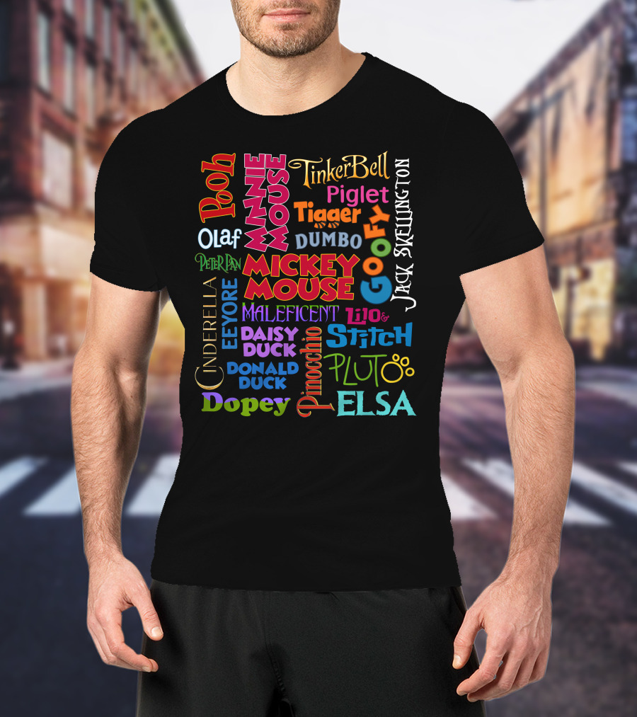 Disney Characters Names Tinker Bell Pooh Olaf Mickey Mouse Cinderella Goofy Elsa Jack Skellington T-Shirt