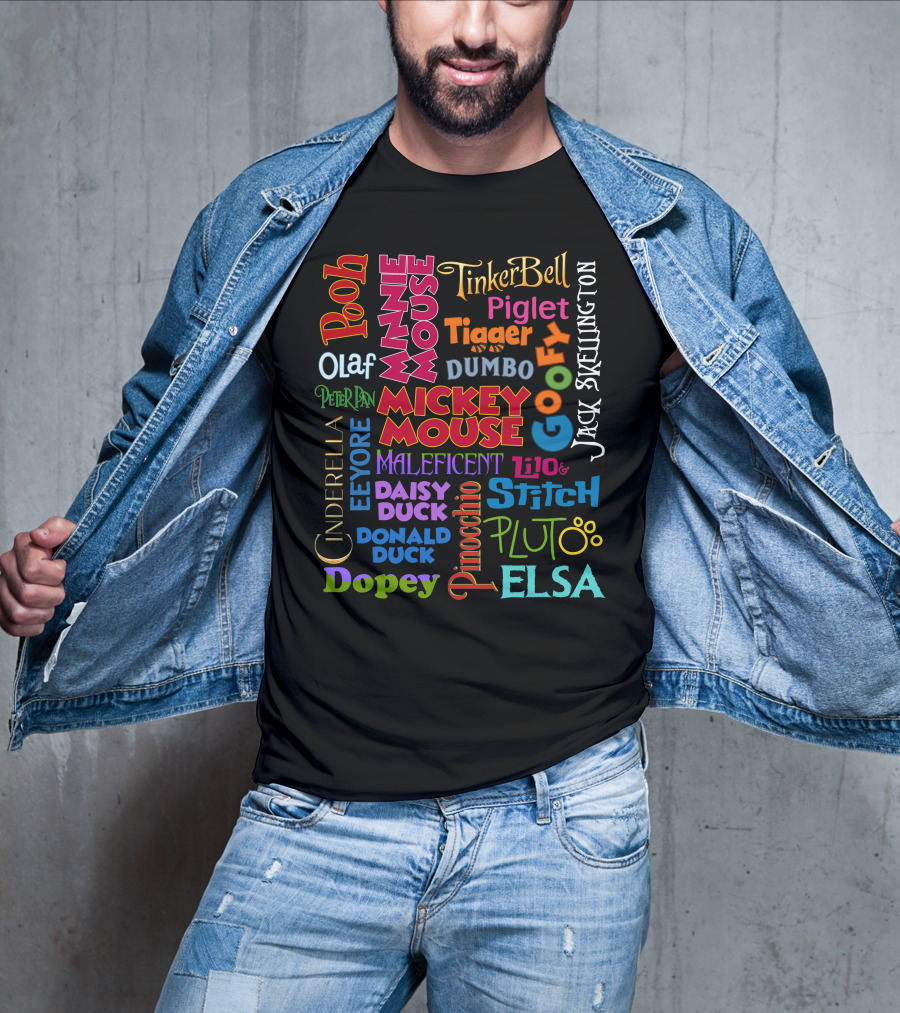 Disney Characters Names Tinker Bell Pooh Olaf Mickey Mouse Cinderella Goofy Elsa Jack Skellington T-Shirt