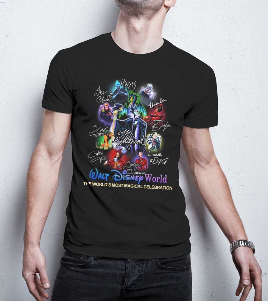 Walt Disney World The World's Most Magical Celebration Villains Hades Ursula Jafar The Queen Scar Cruella De Vil Captain Hook Lady Tremaine Maleficent T-Shirt