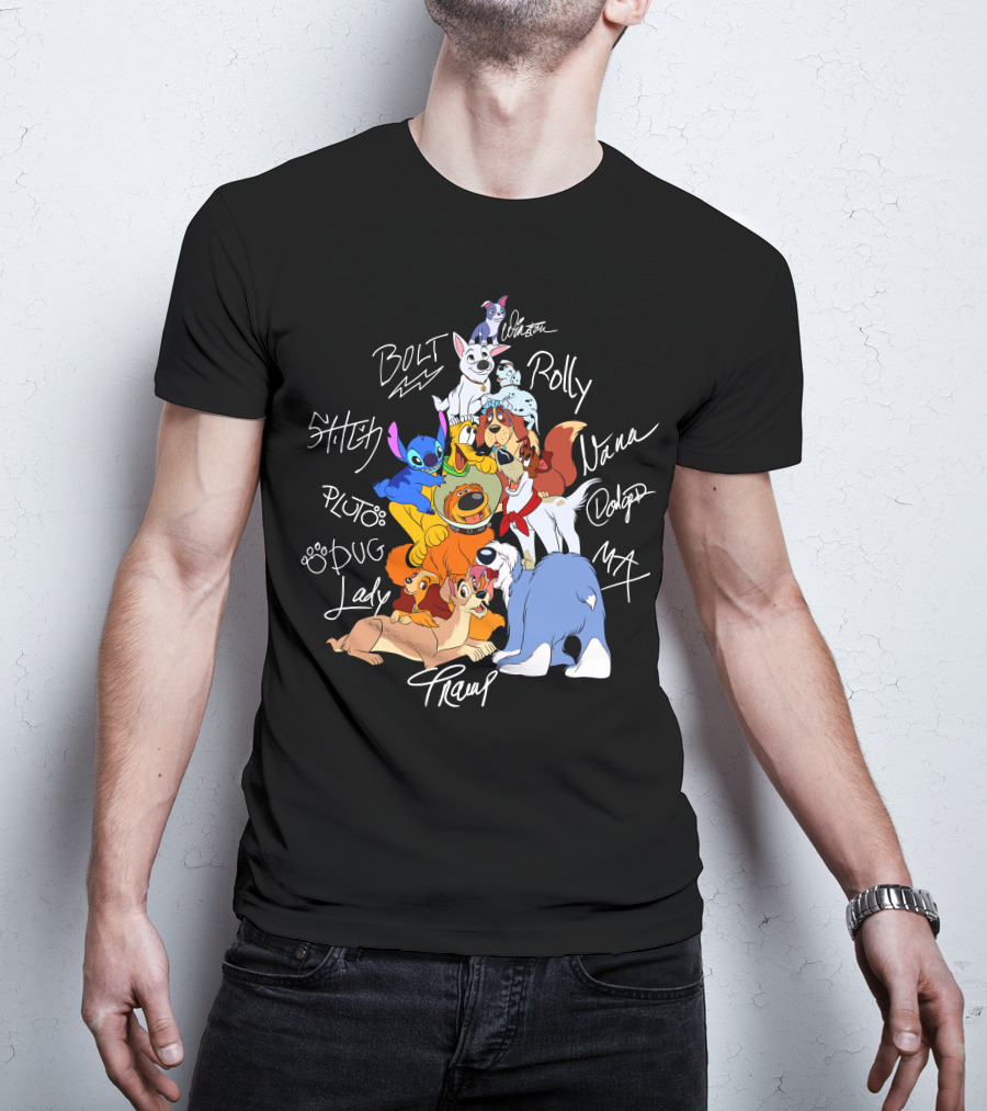 Disney Dogs Bolt Stitch Pluto Dug Lady Tramp Max Nana Dodger Rolly T-Shirt