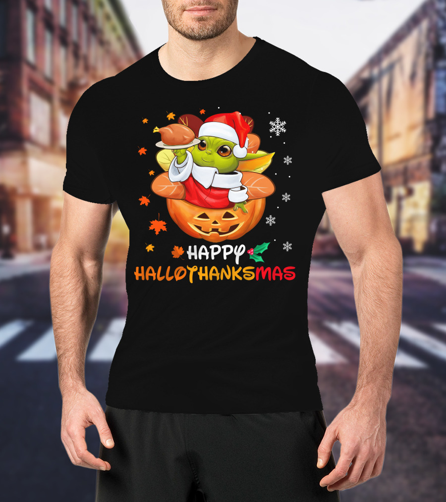 Happy Hallothanksmas Yd Santa Hat Pumpkin Turkey Snowflakes Leaves T-Shirt