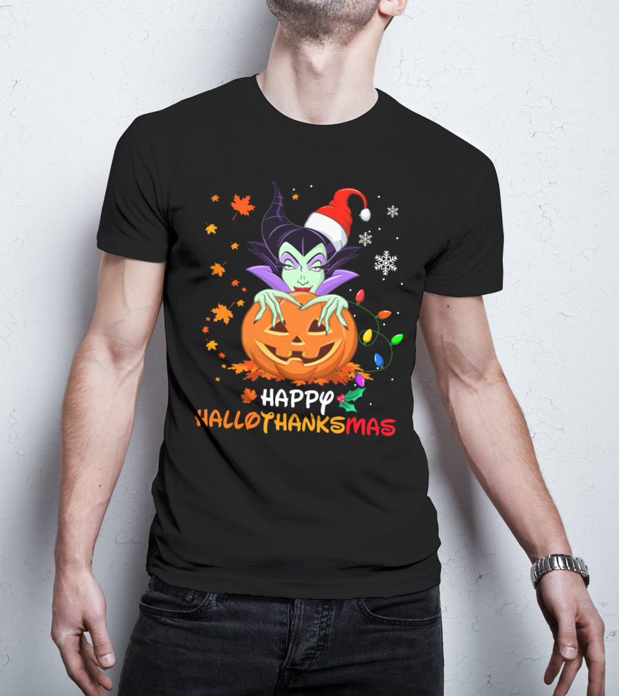 Happy Hallothanksmas Malicious Pumpkin Santa Hat Snowflakes Leaves And Lights T-Shirt