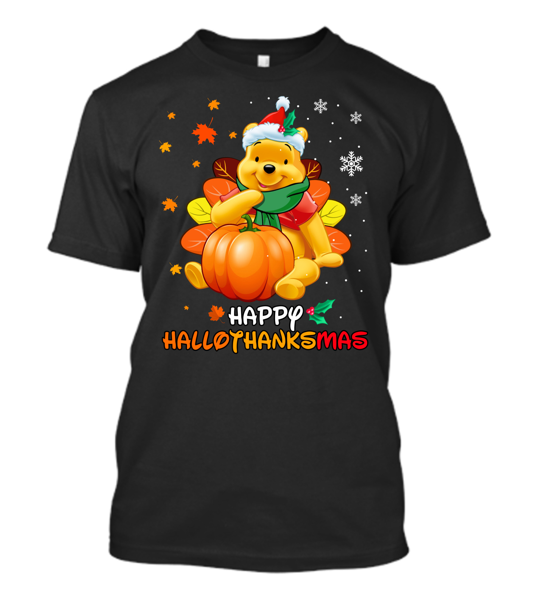 Happy Hallothanksmas Winnie Pumpkin Santa Hat Snowflakes T-Shirt