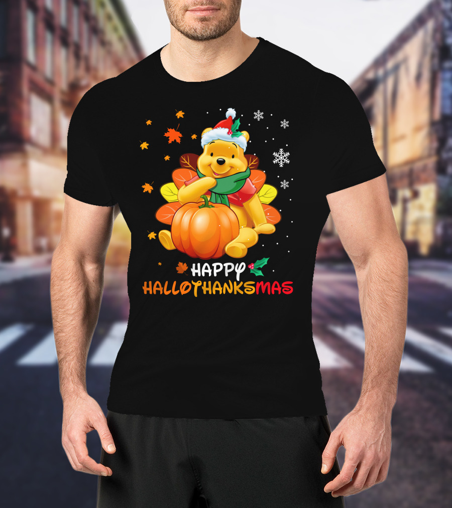 Happy Hallothanksmas Winnie Pumpkin Santa Hat Snowflakes T-Shirt