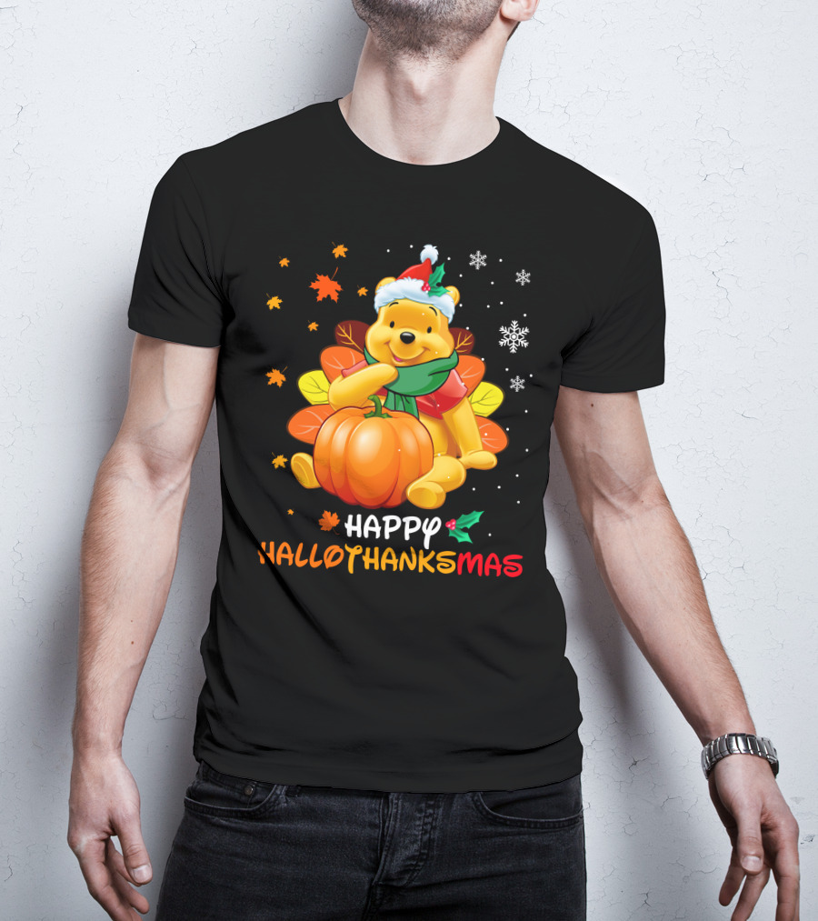 Happy Hallothanksmas Winnie Pumpkin Santa Hat Snowflakes T-Shirt