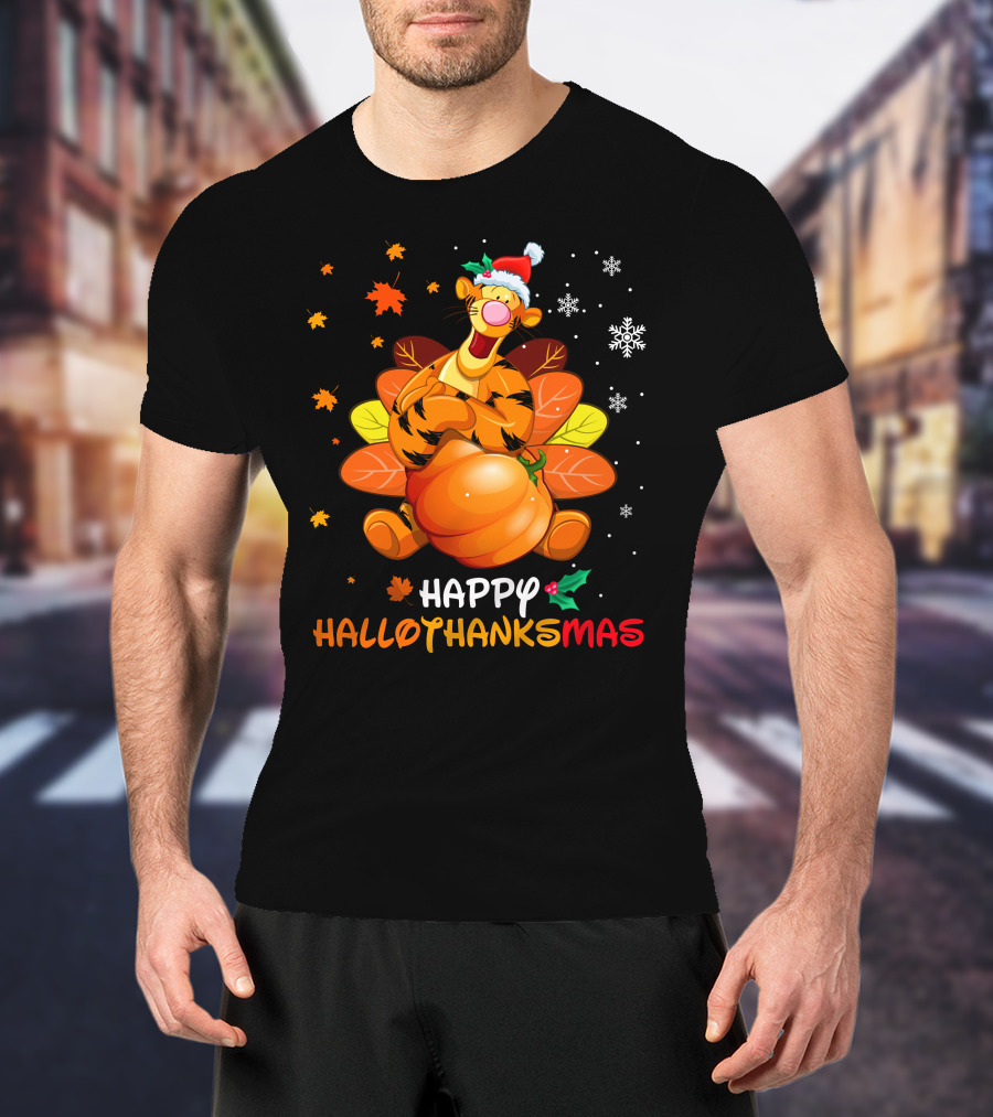 Happy Hallothanksmas Tg Tiger With Pumpkin Santa Hat And Turkey Feathers Snowflakes And Autumn Leaves T-Shirt