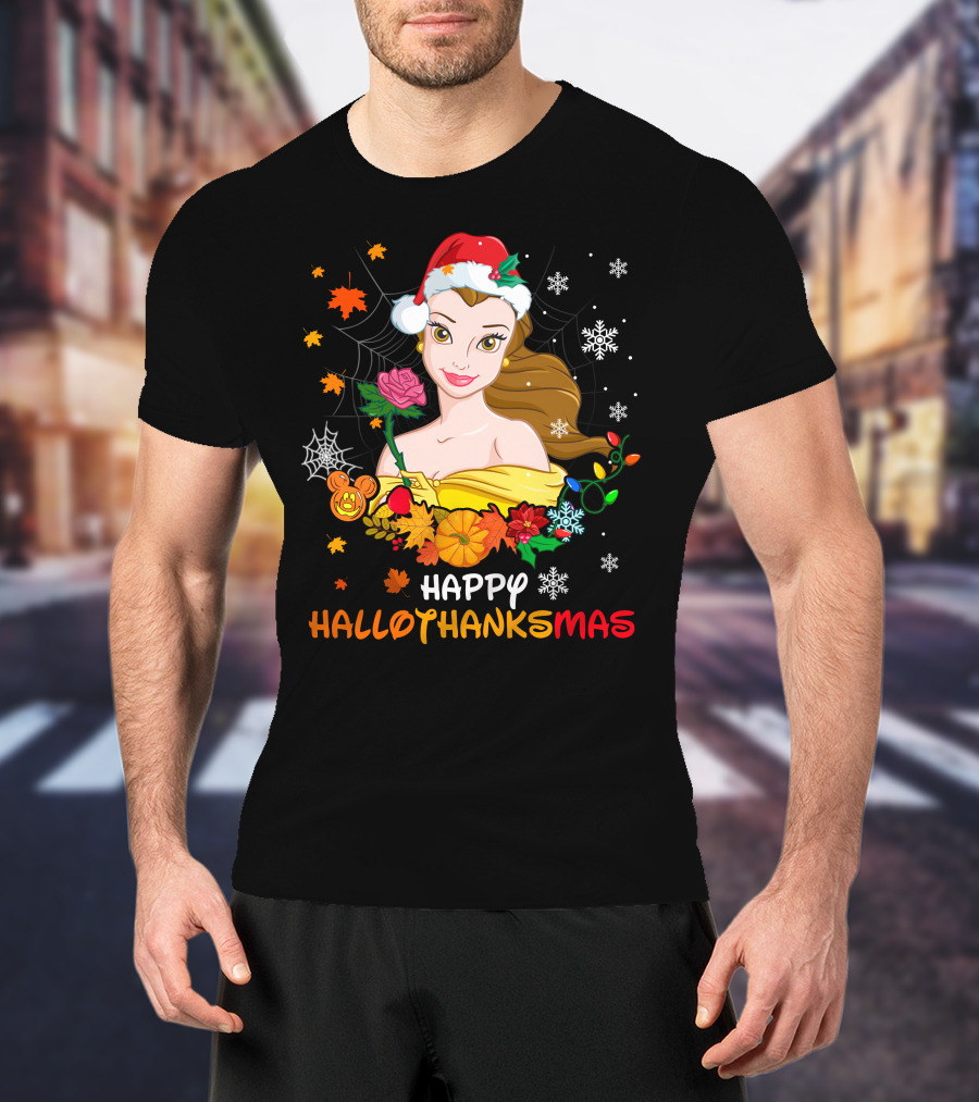 Happy Hallothanksmas - Belle In Santa Hat With Spider Webs Pumpkins And Lights T-Shirt