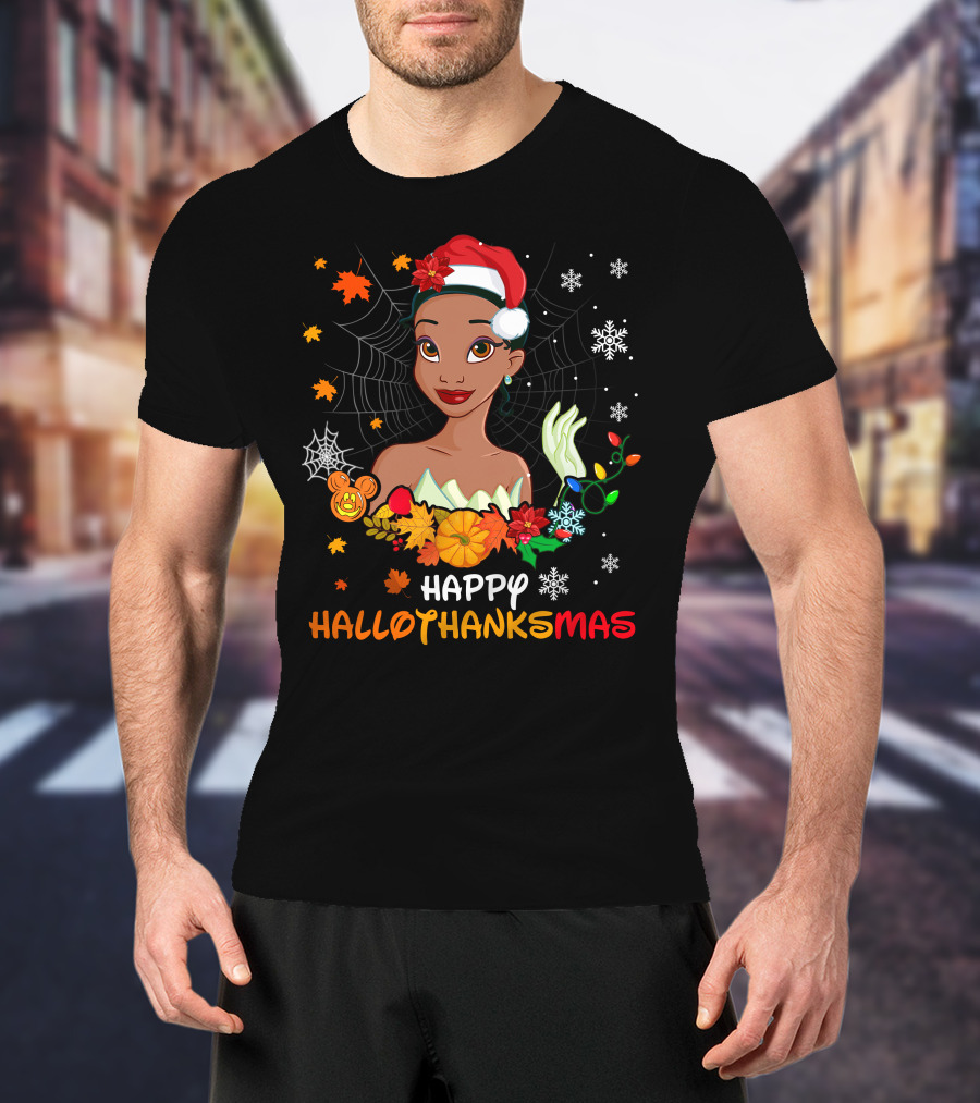 Happy Hallothanksmas Tiana Disney Princess With Santa Hat Spider Web And Holiday Decorations T-Shirt