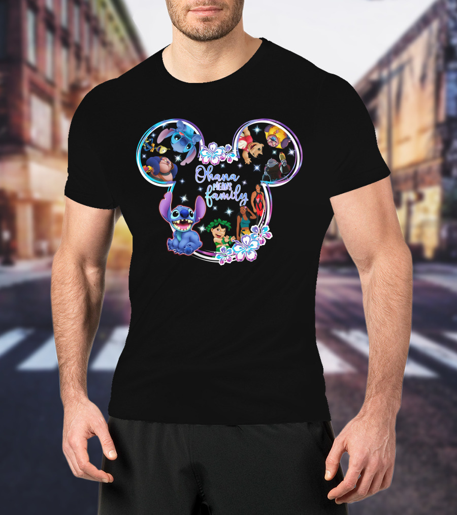 Ohana Means Family Stitch Mickey Ears Disney Characters Floral T-Shirt