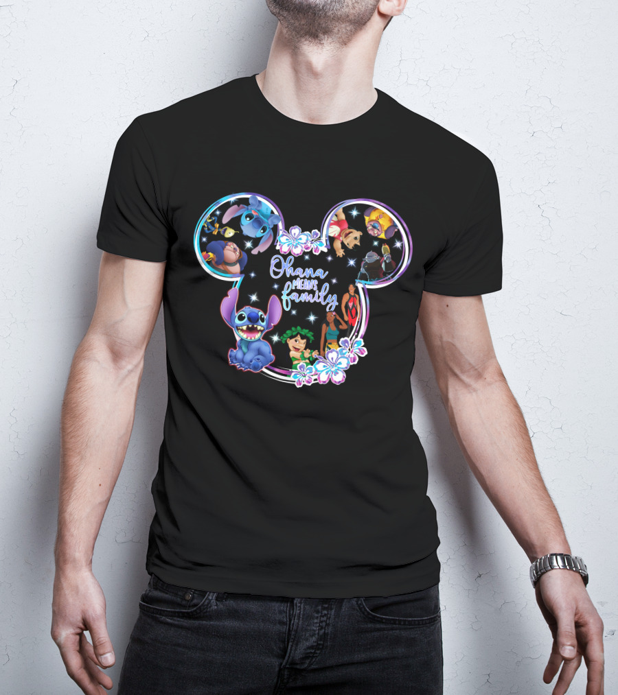 Ohana Means Family Stitch Mickey Ears Disney Characters Floral T-Shirt