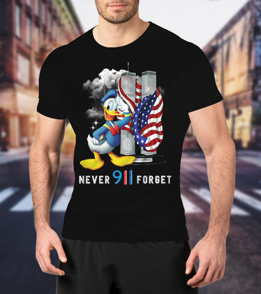 Donald Duck Never 9/11 Forget Twin Towers American Flag T-Shirt