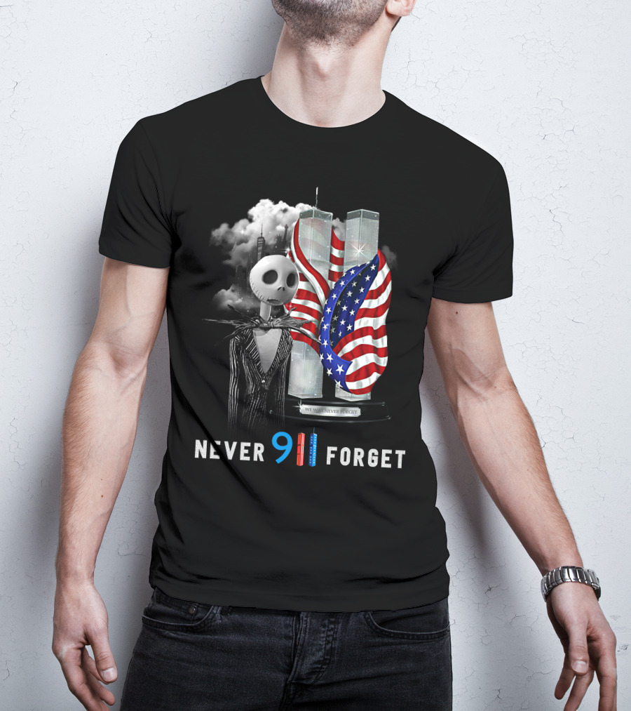 Jack Skellington Never 911 Forget Twin Towers American Flag Tribute T-Shirt