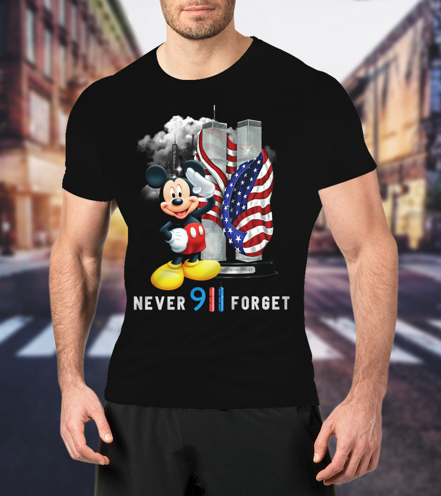 Never 9/11 Forget Mickey Twin Towers American Flag T-Shirt