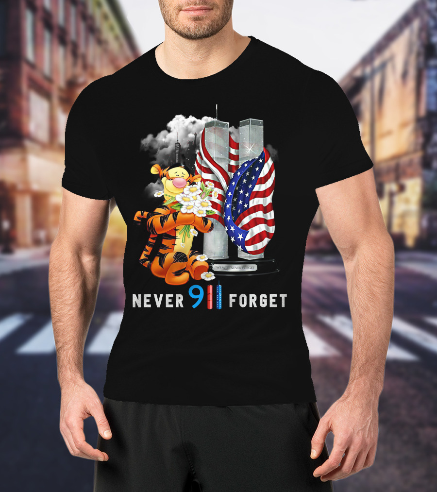 Never 911 Forget Tigger Holding Flowers Twin Towers American Flag T-Shirt