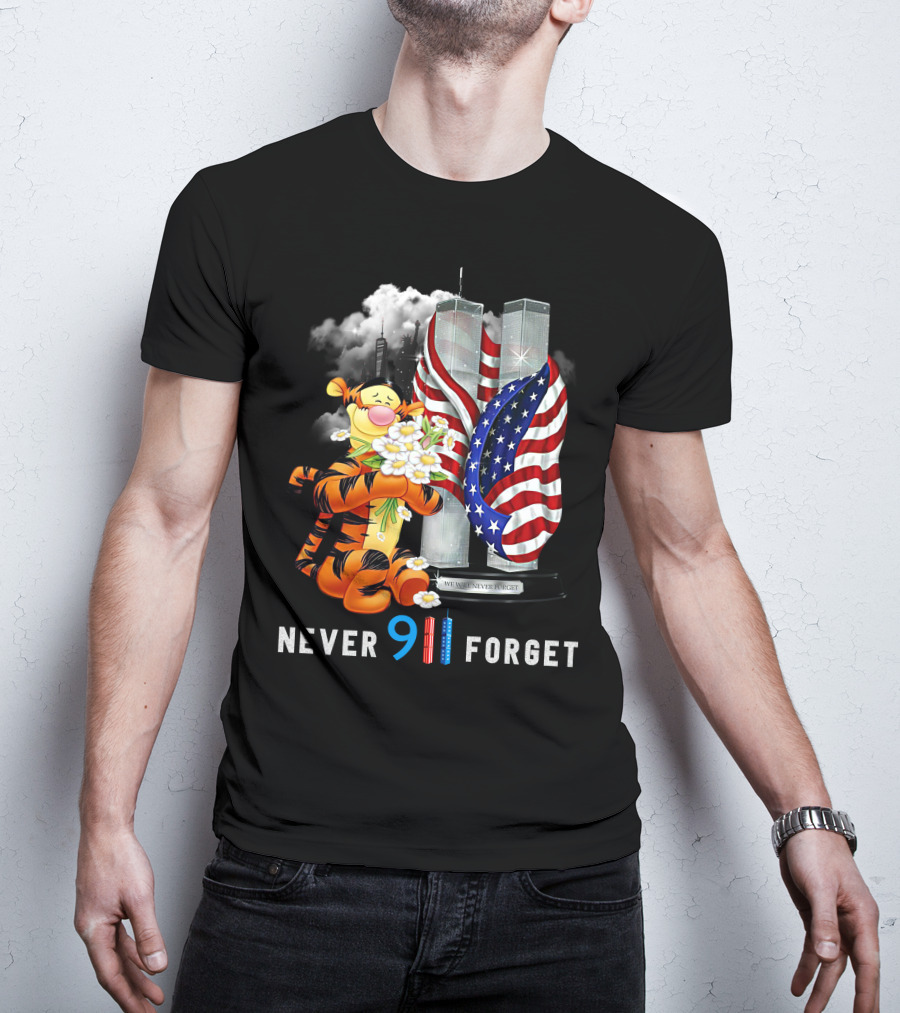 Never 911 Forget Tigger Holding Flowers Twin Towers American Flag T-Shirt