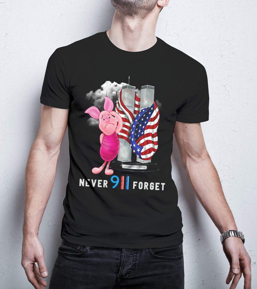 Never 9 11 Forget Piglet Twin Towers American Flag T-Shirt