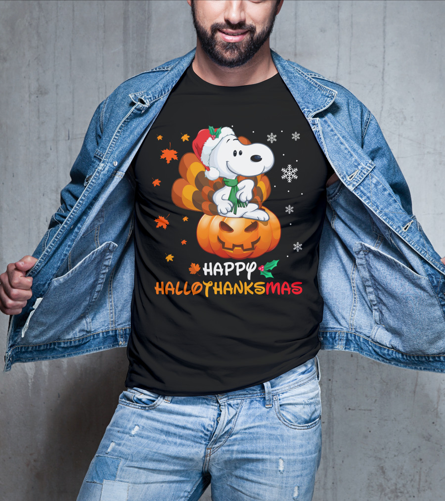 Happy Hallothanksmas Snoopy Christmas Pumpkin Turkey Leaves Snowflakes T-Shirt