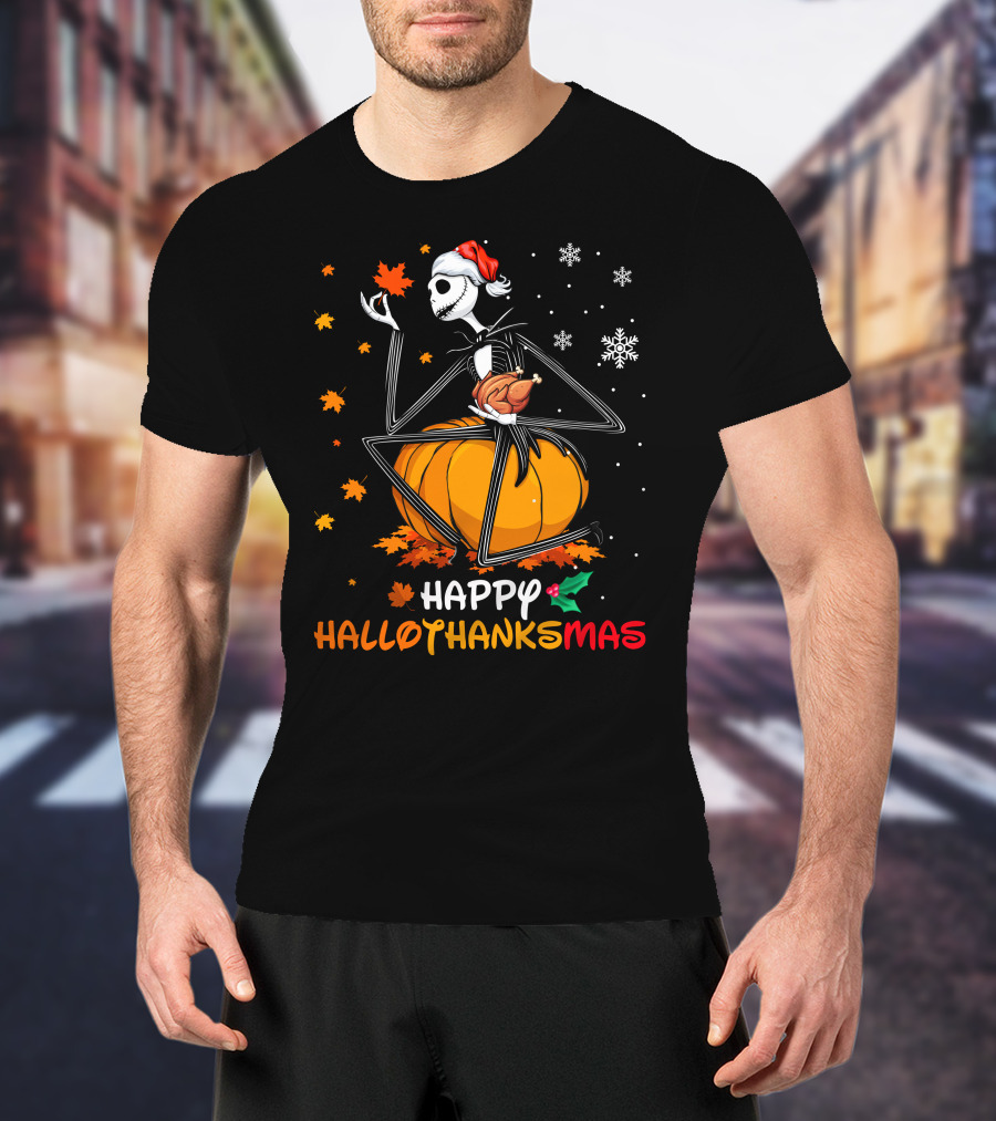 Happy Hallothanksmas Jack Skellington Pumpkin Santa Hat T-Shirt