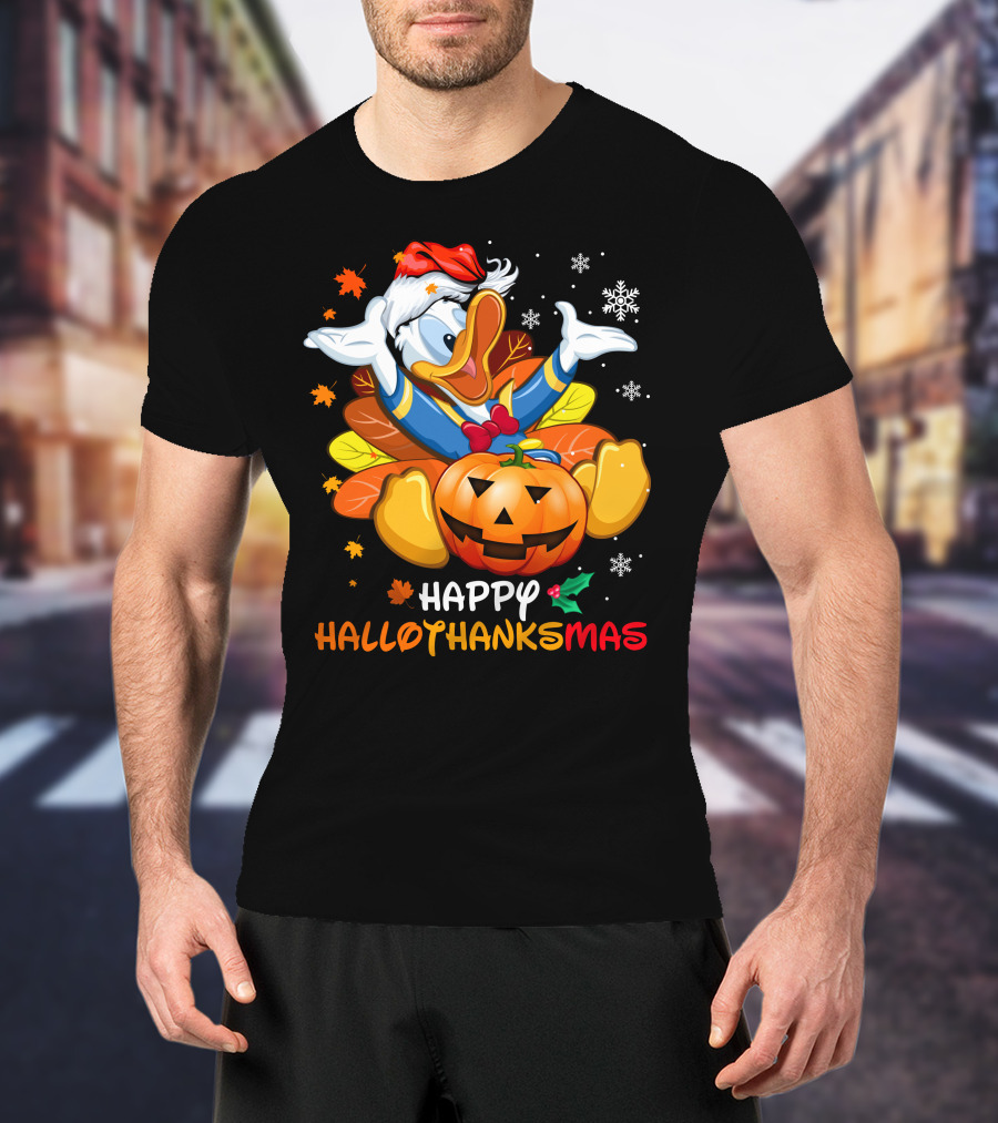 Happy Hallowthanksmas Donald Duck Pumpkin Leaves Snowflakes Santa Hat T-Shirt