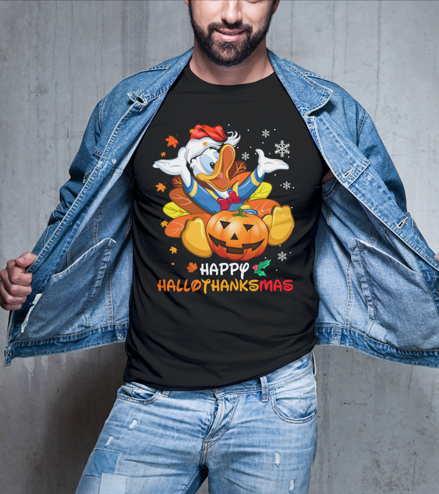 Happy Hallowthanksmas Donald Duck Pumpkin Leaves Snowflakes Santa Hat T-Shirt