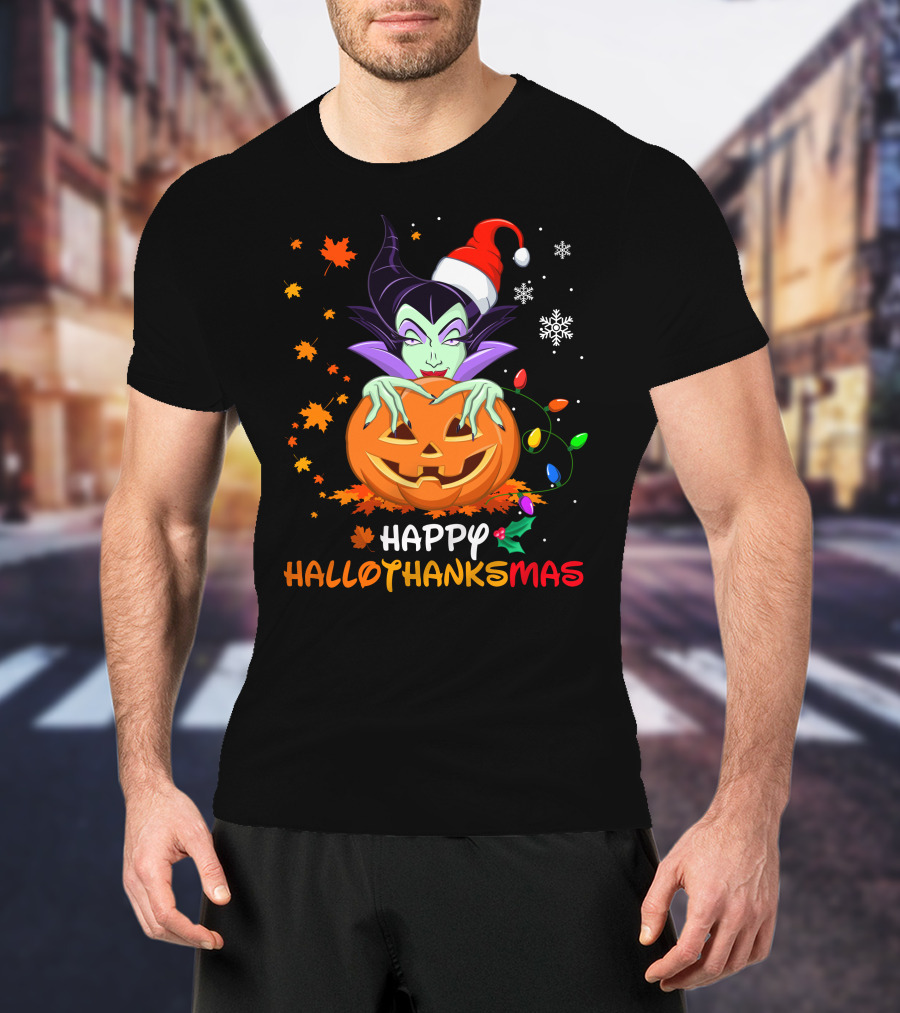 Happy Hallothanksmas Maleficent Pumpkin Holiday Lights T-Shirt