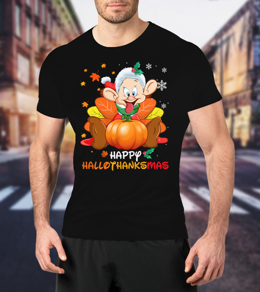 Happy Hallothanksmas Dopey Pumpkin Leaves Snowflakes T-Shirt