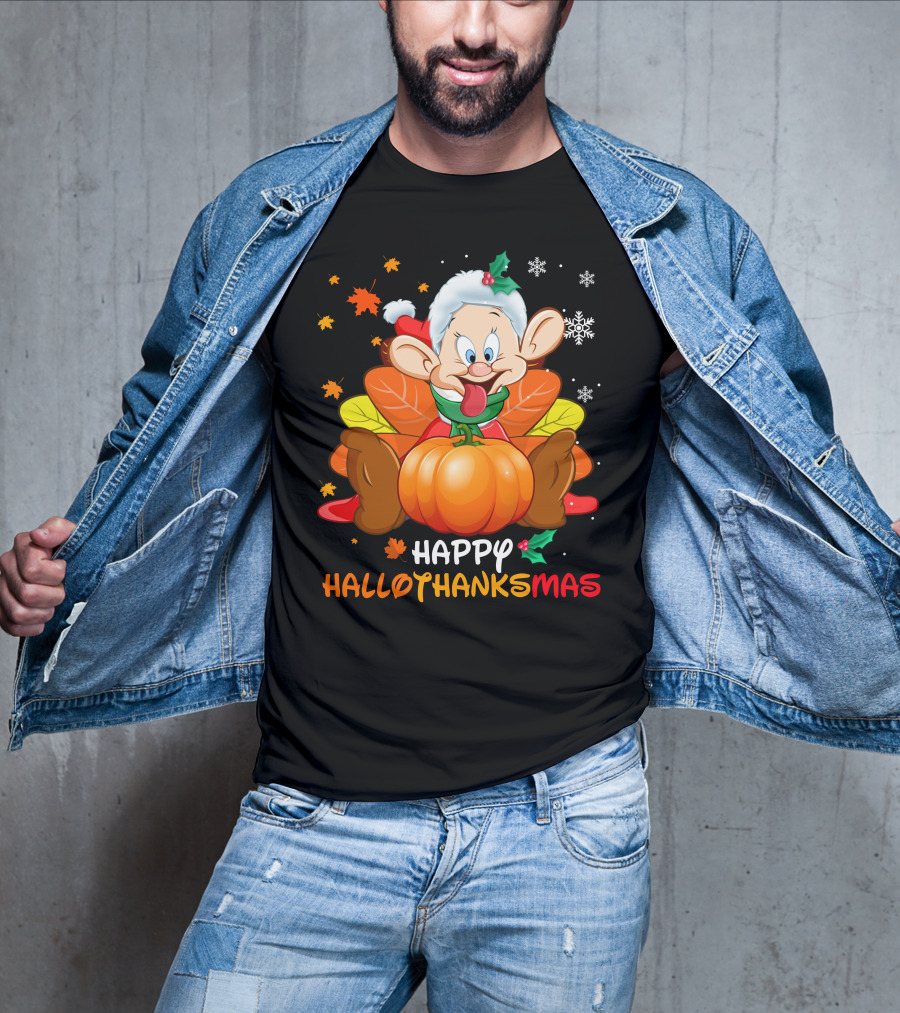 Happy Hallothanksmas Dopey Pumpkin Leaves Snowflakes T-Shirt