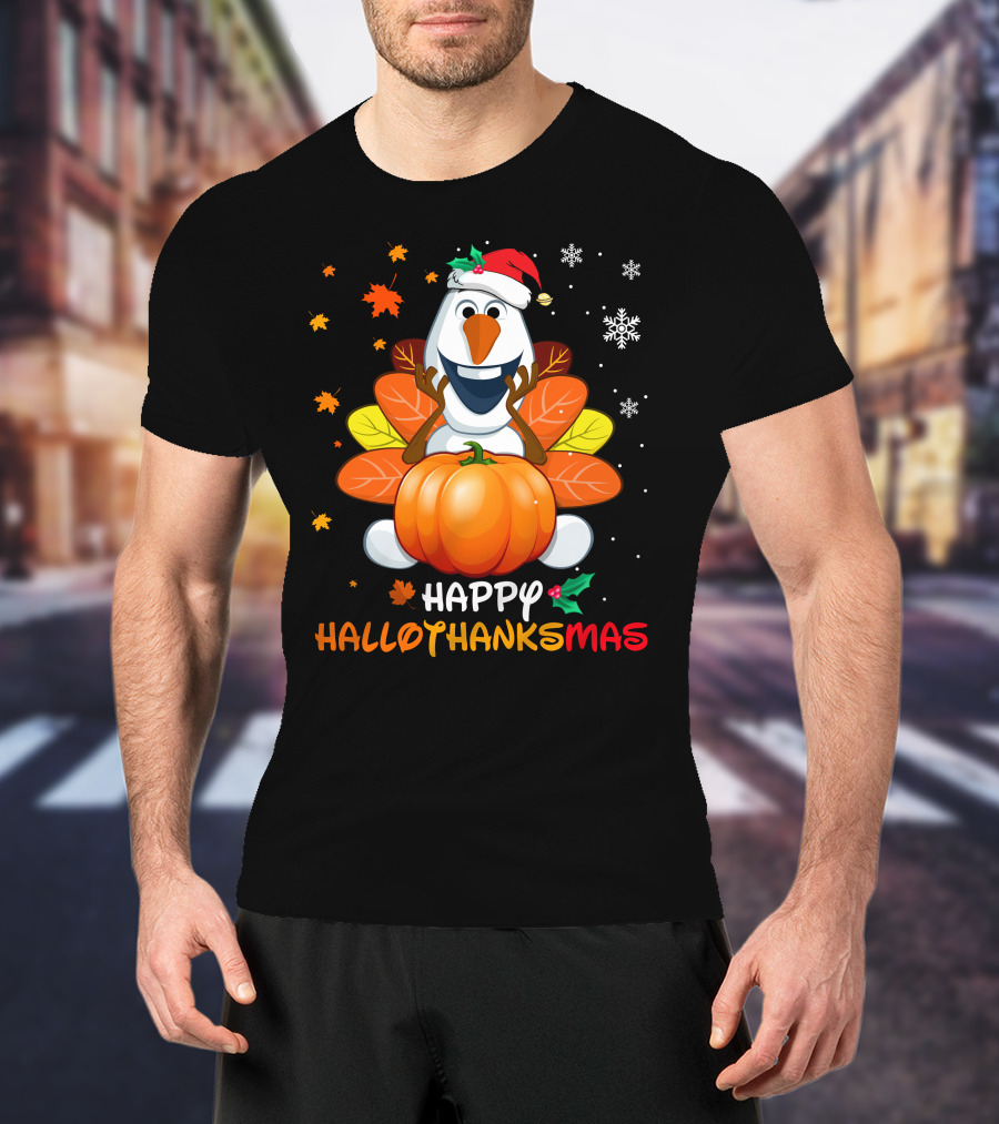 Happy Hallothanksmas Olaf Santa Hat Pumpkin Leaves Snowflakes T-Shirt