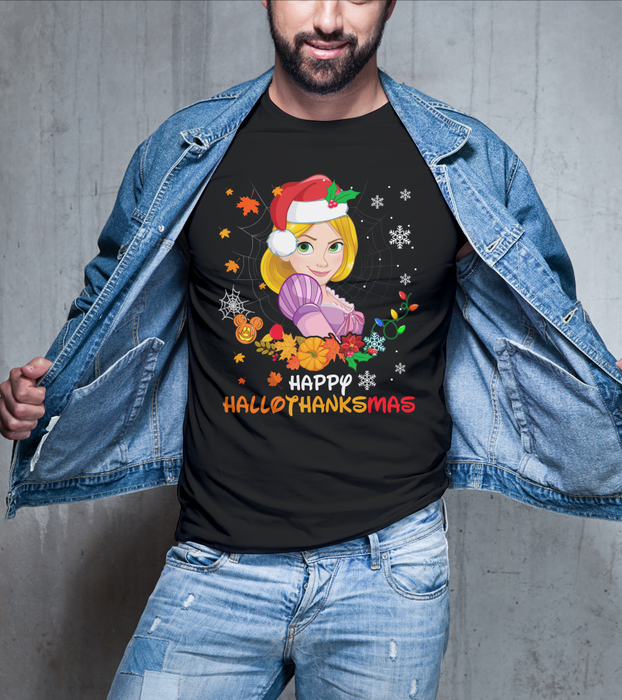 Happy Hallothanksmas Rapunzel Festive Mashup With Santa Hat Autumn Leaves And Christmas Lights T-Shirt