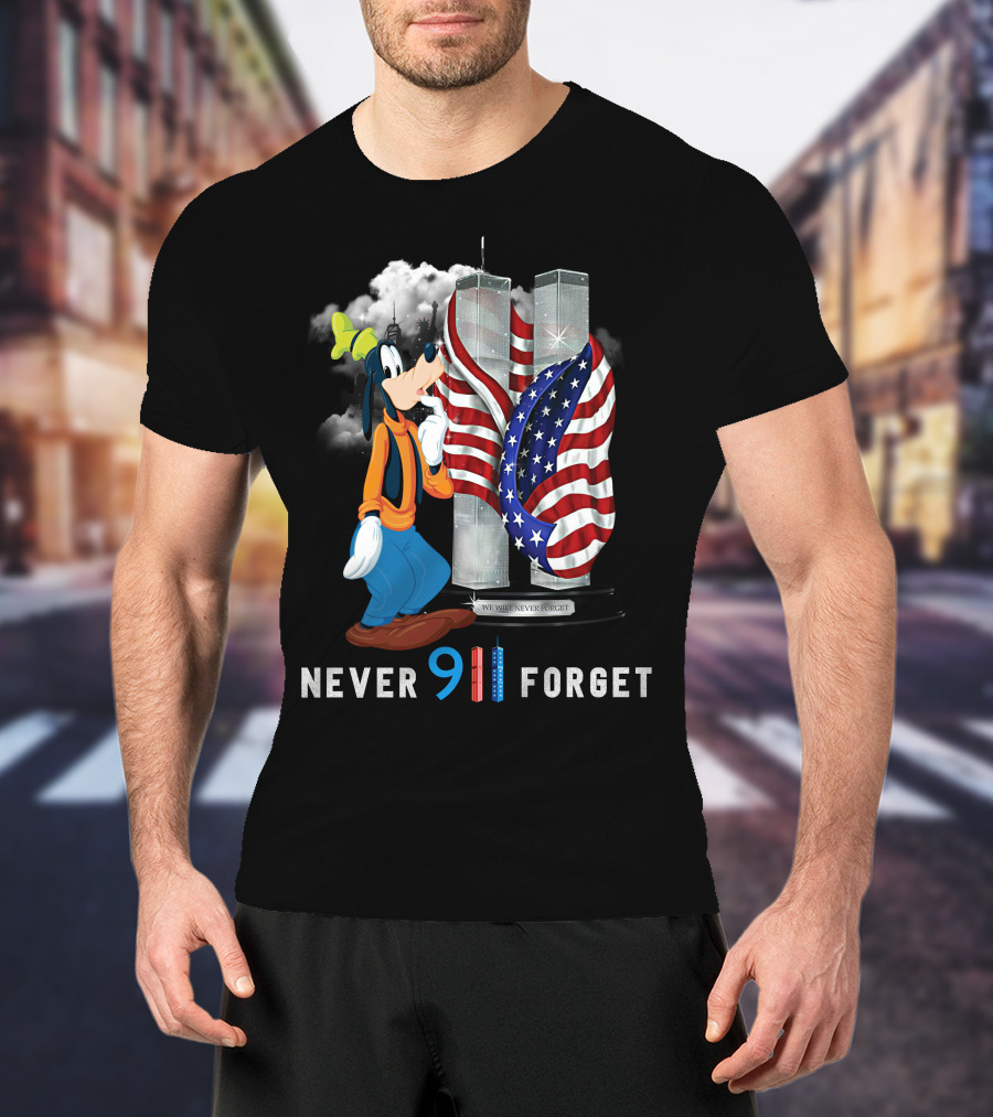 Never Forget Goofy 9/11 Twin Towers American Flag Memorial T-Shirt