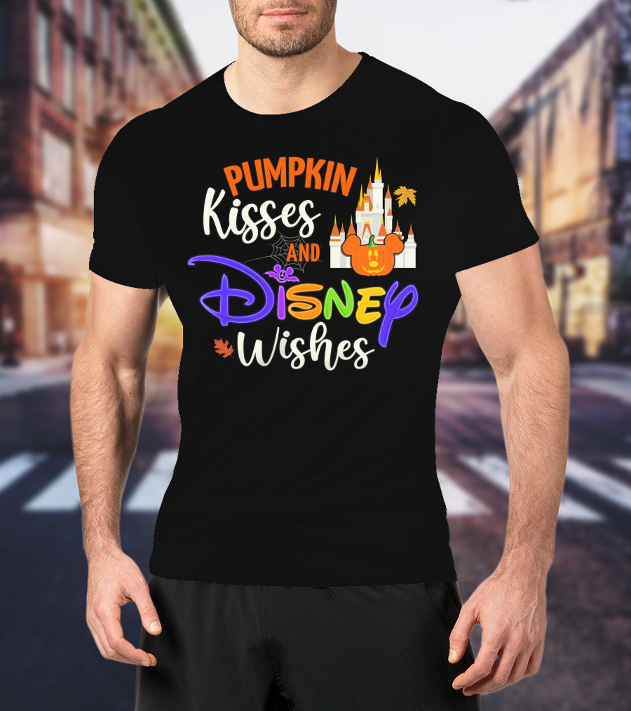 Pumpkin Kisses And Disney Wishes Castle Halloween Leaves T-Shirt