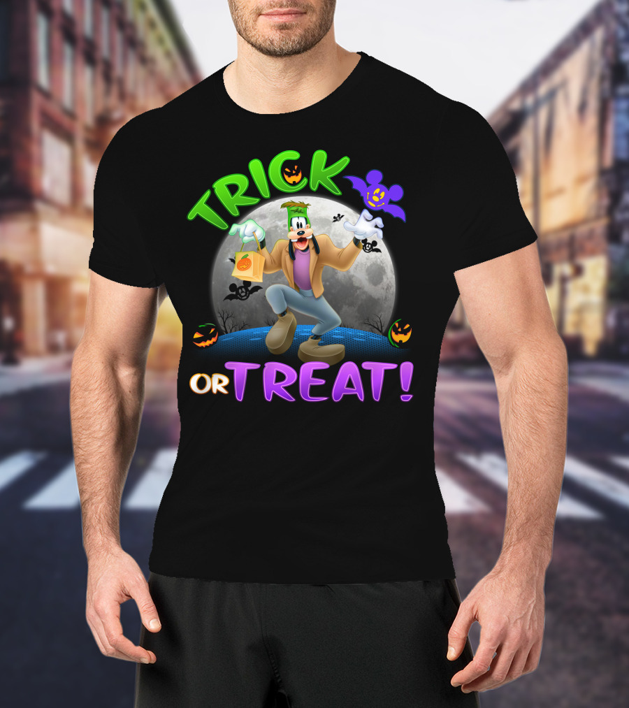 Trick Or Treat Goofy Halloween Moon Bat Pumpkin T-Shirt