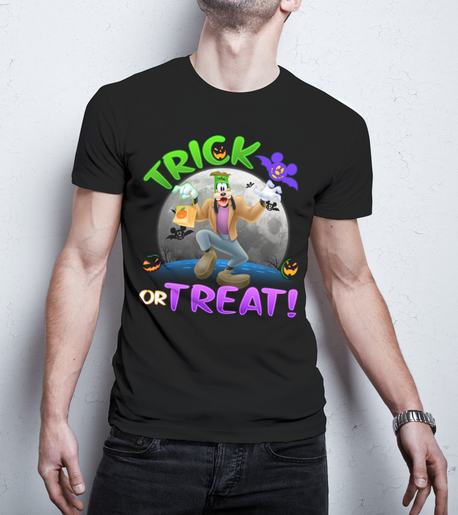 Trick Or Treat Goofy Halloween Moon Bat Pumpkin T-Shirt