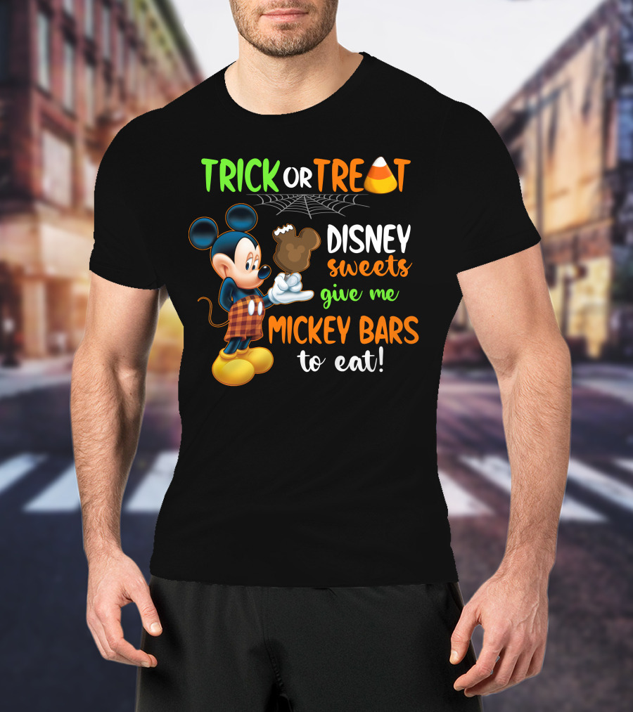 Trick Or Treat Disney Sweets Give Me Mickey Bars To Eat Candy Corn And Spiderweb With Mickey Mouse Eating Chocolate Ice Cream T-Shirt