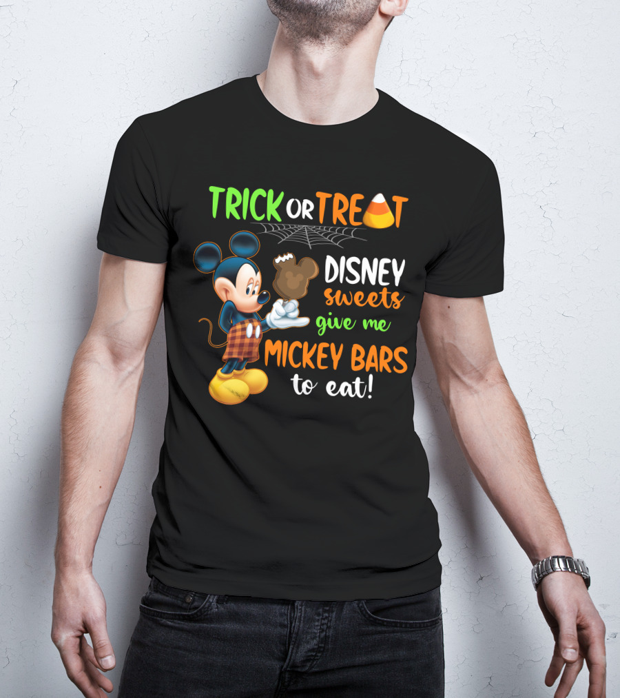 Trick Or Treat Disney Sweets Give Me Mickey Bars To Eat Candy Corn And Spiderweb With Mickey Mouse Eating Chocolate Ice Cream T-Shirt
